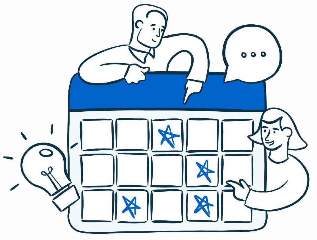 illustration with 2 people pointing at a calendar with a lightbulb and conversation bubble